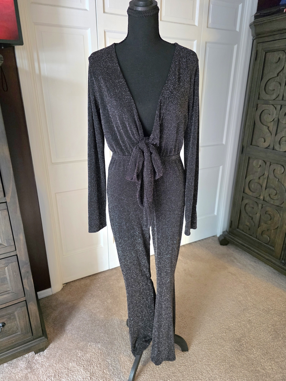 Show Me Your Mumu Black Metallic Sparkle Tie Front Wide Leg Jumpsuit Large